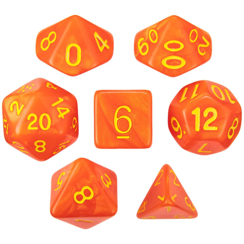 Set of 7 Dice - Flamekeeper - Shimmer Orange with Yellow Paint