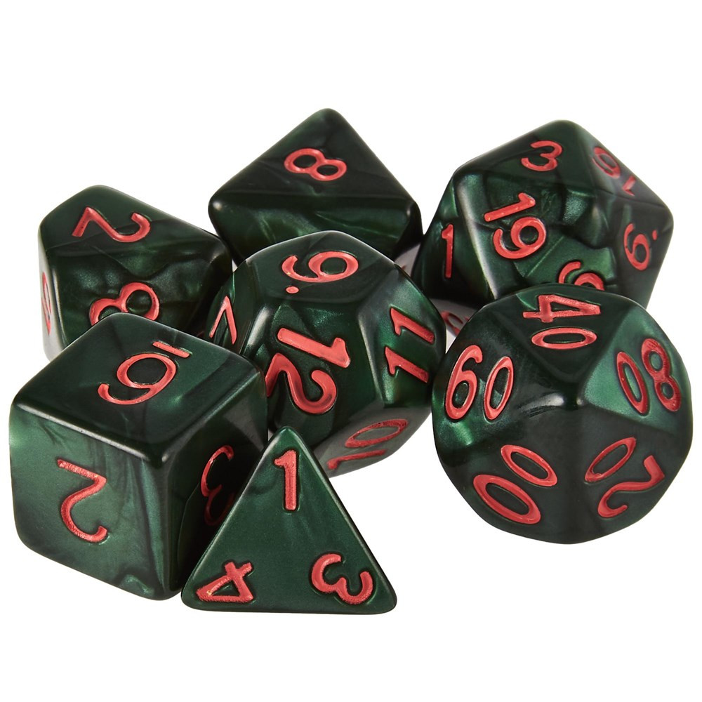 Set of 7 Dice - Cinderbloom - Pearlized Green with Red Paint