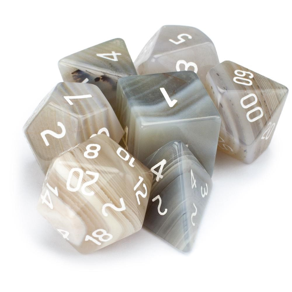 Set of 7 Handmade Stone Polyhedral Dice, Gray Agate