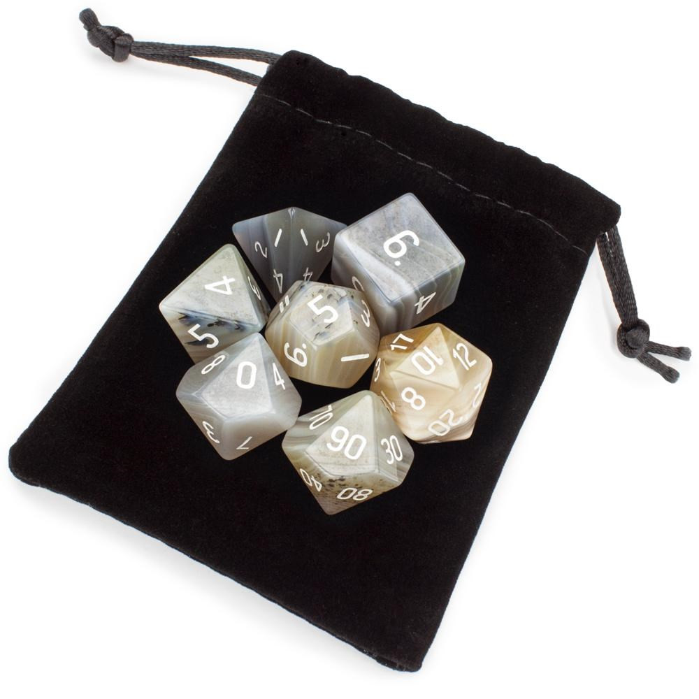 Set of 7 Handmade Stone Polyhedral Dice, Gray Agate