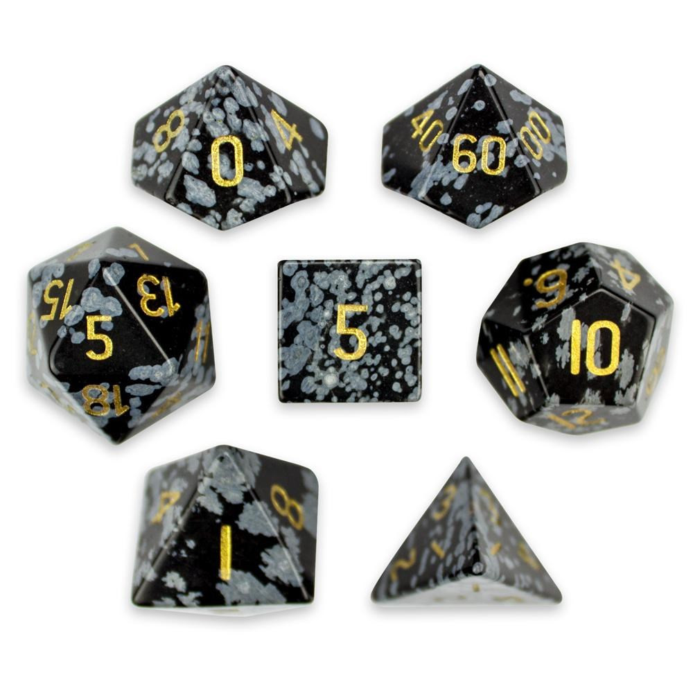 Set of 7 Handmade Stone Polyhedral Dice, Snowflake Obsidian
