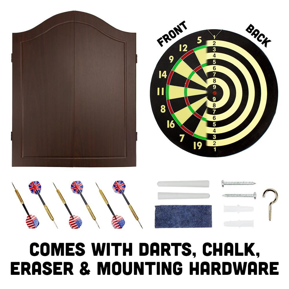 Walnut Dartboard Cabinet Set with 6 Brass Darts and Board
