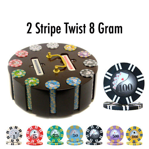 2 Stripe Twist 300pc 8 Gram Poker Chip Set w/Wooden Carousel