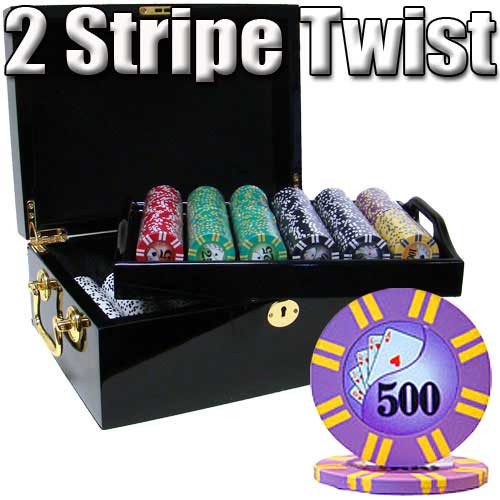 2 Stripe Twist 500pc 8 Gram Poker Chip Set w/Mahogany Case