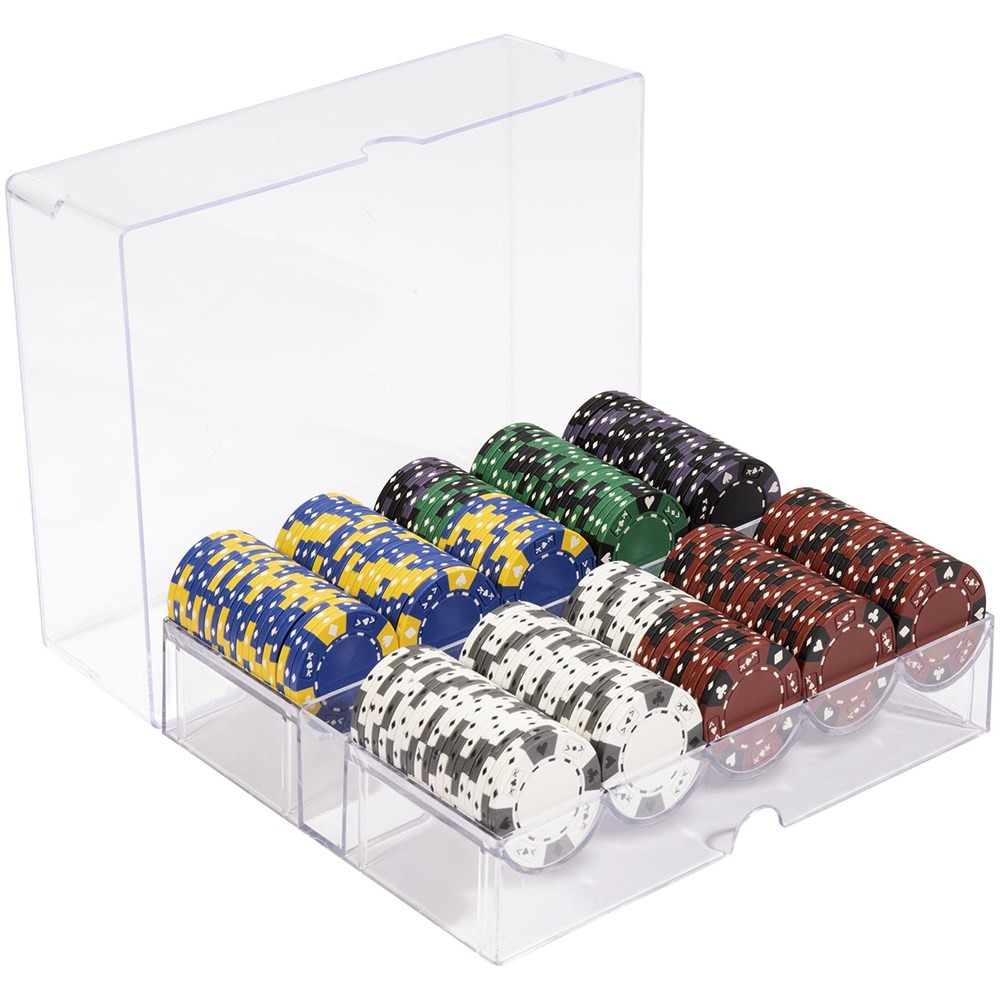 Pre-Packaged 200 Ct Ace King Suited 14 Gram Poker Chip Set w/ Acrylic Tray Case