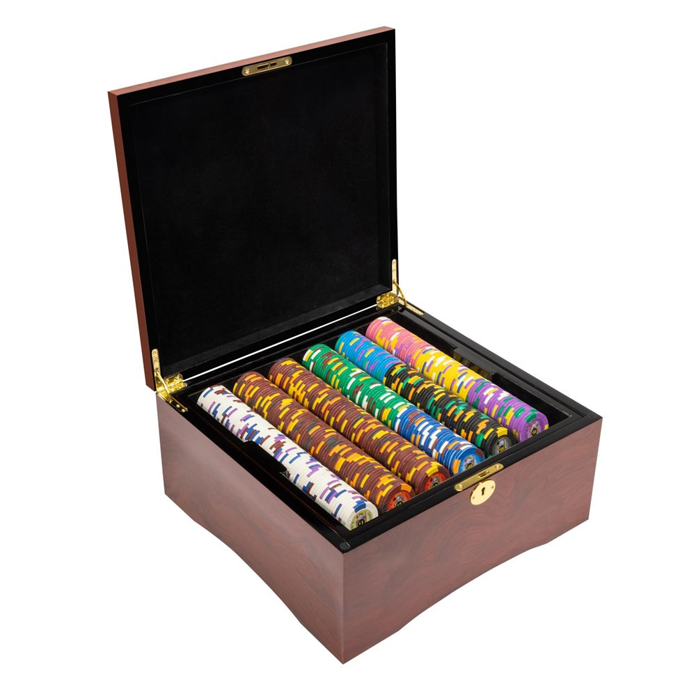 750 Ct King's Casino 14 Gram Poker Chip Set in Mahogany Wooden Case w/ High Gloss Finish - Free Dealer Button and Cards