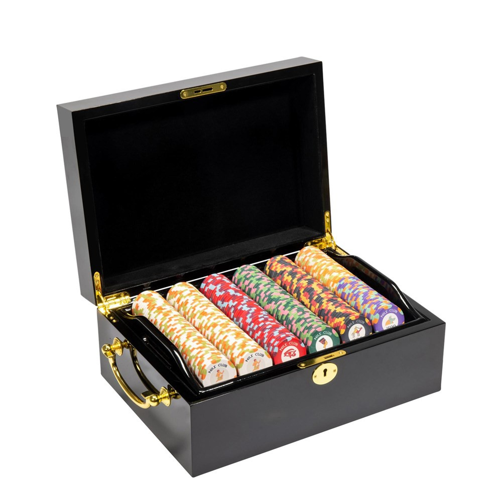 500 Ct Nile Club 10 Gram Ceramic Poker Chip Set in Black Mahogany Case