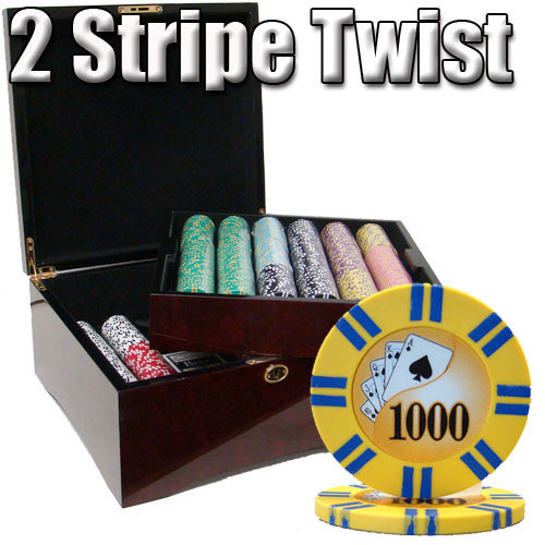 2 Stripe Twist 750pc 8 Gram Poker Chip Set w/Mahogany Case