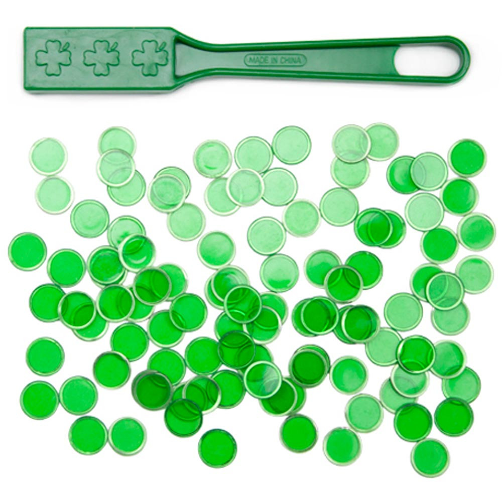 100 Green Magnetic Bingo Marker Chips w/Magnetic Wand