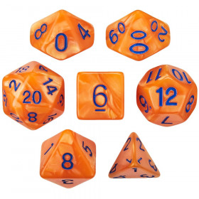Set of 7 Dice - Kingfisher - Pearlized Orange with Blue Paint